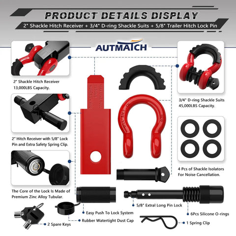 Heavy Duty 2 Inch Shackle Hitch Receiver Kit With Three Quarter Inch D Ring Shackle And Five Eighth Inch Trailer Hitch Lock Pin 45,000 Lbs Break Strength For Off Road Recovery Anti Theft Lock Red diagram of components