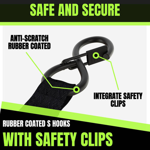 Beefy Heavy Duty 1 Inch By 12 Foot Auto Retracting Ratchet Straps with safety clips and rubber coated S-hooks.
