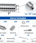 Twenty Pack One Eighth Inch Swageless Invisible Cable Railing Kit With Hidden Fittings And Lag Screws For Four By Four Six By Six Eight By Eight Wood Posts No Visible Hardware In T316 Stainless Steel Deck Cable Railing System CB16 Ten Pairs - components chart showing tensioners, ferrules, screws, and tools.