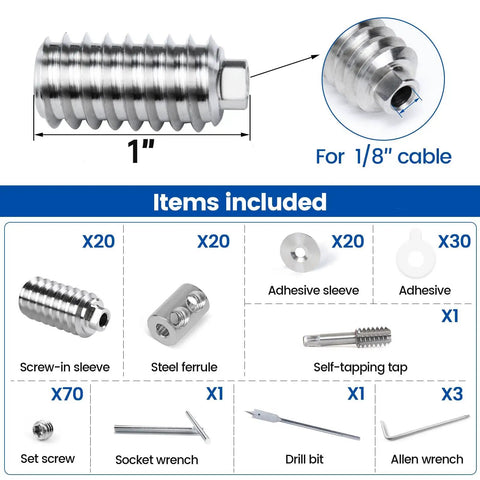 Twenty Pack One Eighth Inch Swageless Invisible Cable Railing Kit With Hidden Fittings And Lag Screws For Four By Four Six By Six Eight By Eight Wood Posts No Visible Hardware In T316 Stainless Steel Deck Cable Railing System CB16 Ten Pairs - components chart showing tensioners, ferrules, screws, and tools.