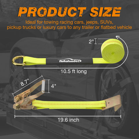 Heavy Duty Car Tie Down Straps With Flat Hooks 10000 Lb Break Strength displayed with measurements and flat hooks close-up