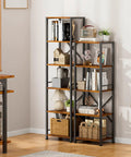 Dope Industrial Style 6 Tier Tall Bookshelf For Tight Spaces, narrow display shelf in metal and wood with rustic brown finish