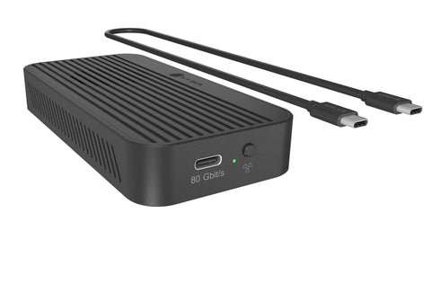 Dang Fast M.2 NVMe SSD Enclosure With Integrated Cooling Fan, black, showing USB ports and cooling feature.