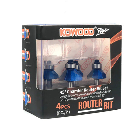 Pro Grade 45 Degree Chamfer Router Bit Set With One Quarter Inch Shank, Cutting Diameters One Quarter, Five Sixteenths, Three Eighths, And Half Inch For Angled Edges, Clean Edges, And Decorative Woodworking