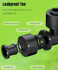 Diagram of Push To Connect Quarter Inch Drip Irrigation Tee Fittings showing leakproof locking components