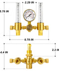 Front view MEANLIN argon regulator flow meter with dual outputs, brass finish, CGA580 inlet, 6.5 ft hose.