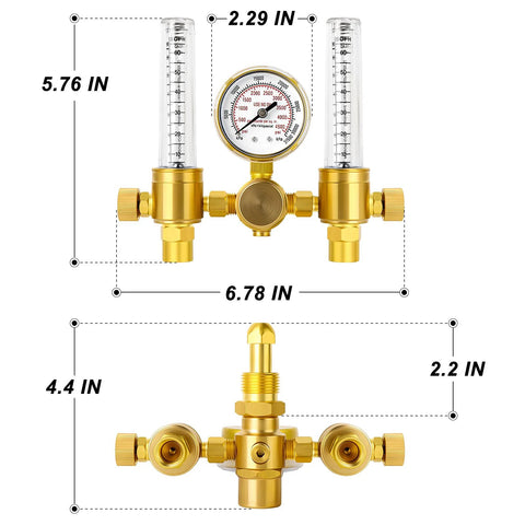 Front view MEANLIN argon regulator flow meter with dual outputs, brass finish, CGA580 inlet, 6.5 ft hose.