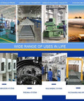 Various machinery and systems including hydraulic press, conveyor and aviation industry applications in a workshop setting.