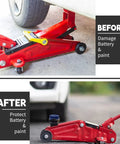 Side view of blue floor jack pad under car with red floor jack, showing before and after protection with blue rubber pad in use.