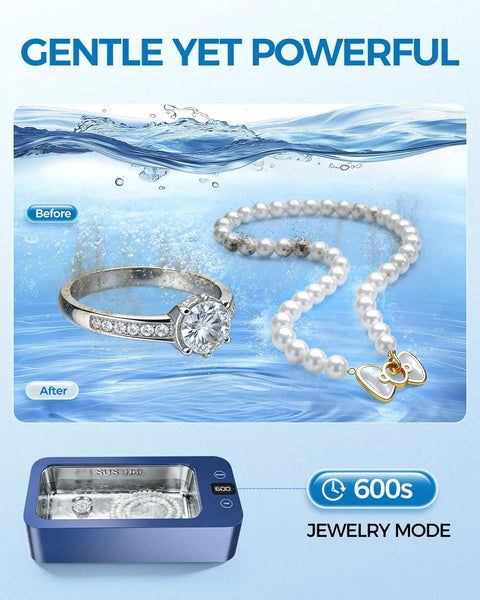 Heavy Hitter Ultrasonic Jewelry Cleaner With Triple Frequency Waves For Shiny Chains And Wristwatches Slick 316 Steel Tub with jewelry before and after cleaning.