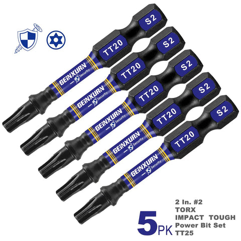 Five Piece T20 Security Torx Bits Rock Solid S2 Steel Impact Driver Power Screws With Zero Slip Magnetic Grip Built Tough For High Torque Jobs, showing hex shank bits.