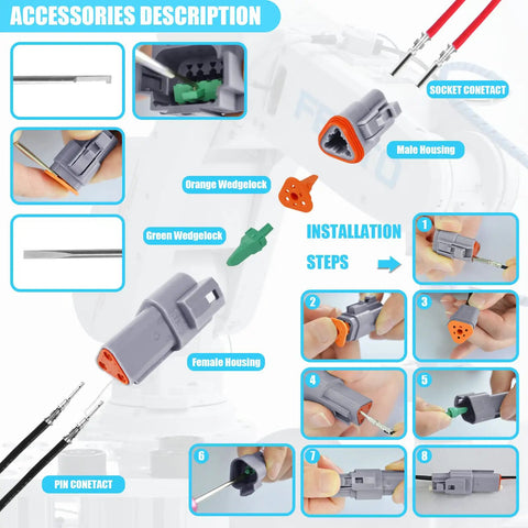 DT Series 685 Piece Connector Kit with installation steps for 2 3 4 6 8 12 pin gray housings, contacts, and wedge locks.
