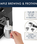At Home Barista Style Manual Espresso Machine With 15 Bar Pump, steaming milk with frothing wand and view of portafilter