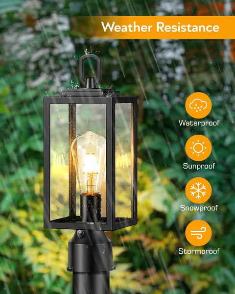 Hardwired 120V Dusk To Dawn Outdoor Post Light Black Exterior Lantern Pier Mount, waterproof, showcasing weather resistance benefits