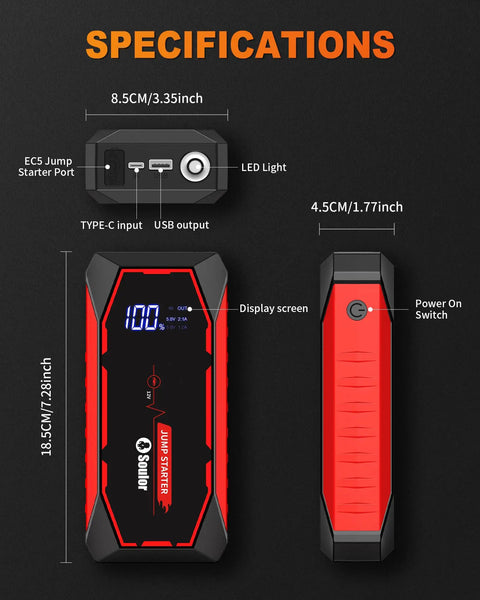 Powerful 5000A Jump Starter Pack For Cars And SUVs, 12V Lithium Battery Booster with LED Lights, product dimensions.