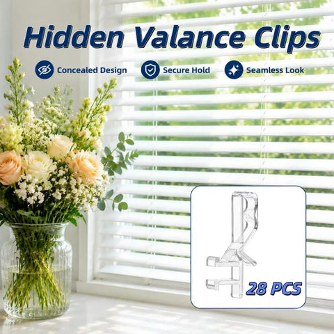 Twenty Piece Set Of Clear Rear Groove Valance Clips For Blinds With One Seven Eight Inch Fits Like A Glove Replacement Hardware displayed with flowers.