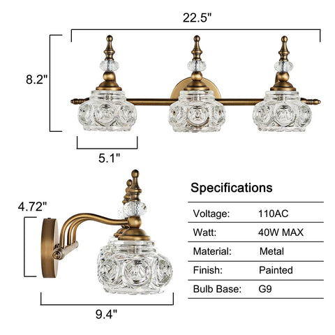 Vintage Brass Vanity Light Fixtures For Bathroom Lighting Retro Brass Vanity Sconces with specifications and dimensions