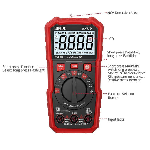 6000 Counts Auto Ranging Digital Multimeter With NCV Non Contact Voltage Tester showing display and function buttons