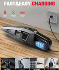 Beast Mode 9000 Pa Cordless Handheld Vacuum charging with Type C cable on wooden surface, designed for cars and homes.