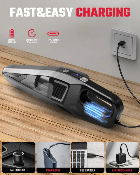 Beast Mode 9000 Pa Cordless Handheld Vacuum charging with Type C cable on wooden surface, designed for cars and homes.