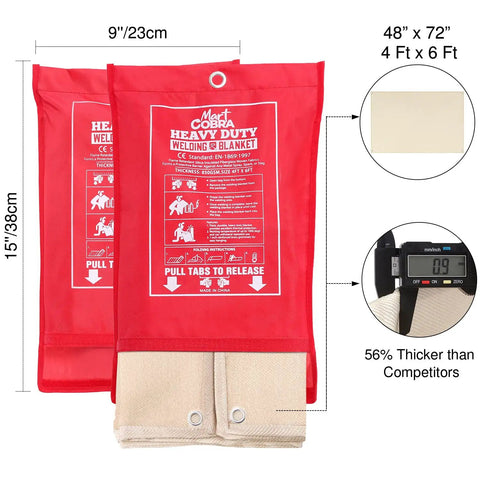 Heavy Duty Welding Blanket Fireproof Insulated Shield packaging with size 48x72 inches, showing thickness and dimensions.