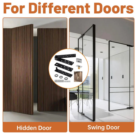 Image showing Hidden Pivot Hinge Kit For Secret Bookcase Doors With Smooth 360 Degree Rotation Heavy Duty Hardware Supports Up To 330 Lb Two Pack Black Stainless Steel for hidden and swing doors.