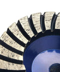 4 Inch Diamond Cup Wheel With 50 Grit Turbo Segments Aluminum Based, close-up of grinding teeth and metal base.
