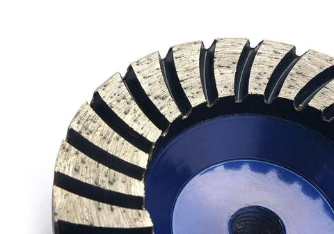 4 Inch Diamond Cup Wheel With 50 Grit Turbo Segments Aluminum Based, close-up of grinding teeth and metal base.