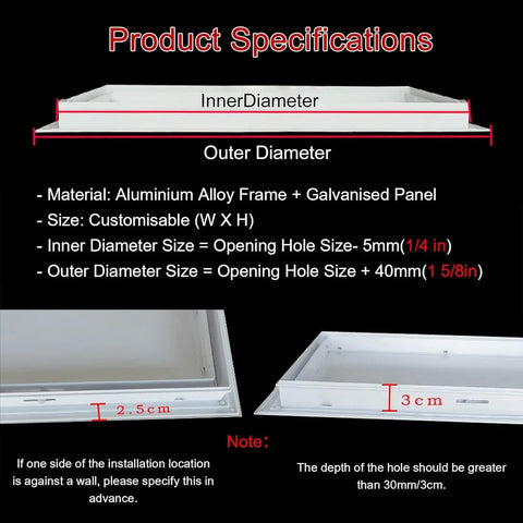 Heavy Duty Recessed Access Panel With Lock, Fire Rated Ceiling Hatch And Wall Inspection Door, Drywall Cover Plate For Attic Plumbing And Electrical, 24X28 Aluminum Plate showcases product specifications including dimensions and material details.