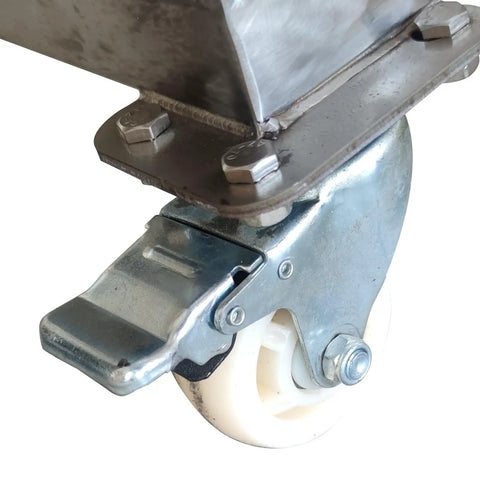 Close-up of a wheel with brake on the Stainless Steel Screw Conveyor With Vibrating Hopper for Powder Feeding