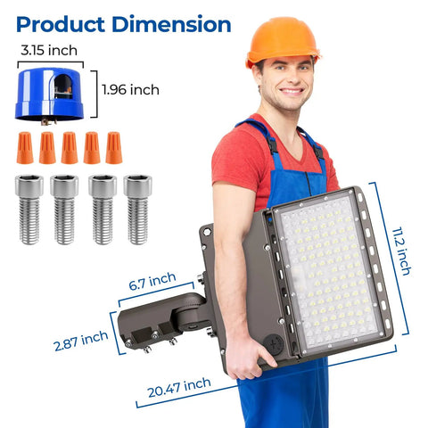 Worker holding Heavy Duty 400W LED Parking Lot Light Shoebox Style with Dusk To Dawn Sensor, showing dimensions and attachments.