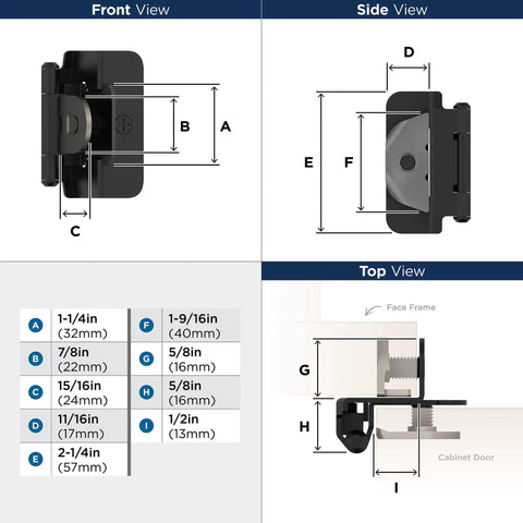 Heavy Duty Steel Cabinet Hinges Matte Black For Face Frame Doors Half Inch Overlay dimensions and views including front, side, and top.