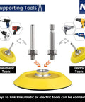 All In One Pro Grade Sanding Discs Kit with backer pads, shanks for pneumatic and electric tools, yellow pads.