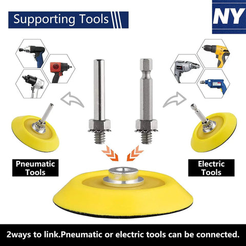 All In One Pro Grade Sanding Discs Kit with backer pads, shanks for pneumatic and electric tools, yellow pads.