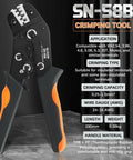 SN-58B crimping tool with TPR handles beside compatibility and specifications text on display