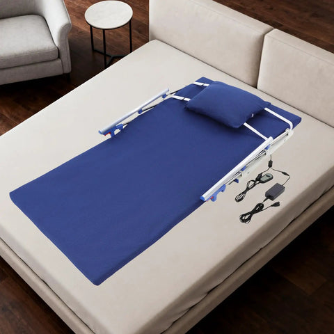 Super Smooth Electric Lifting Bed Backrest With Foldable Armrests and Power Adjustable Wedge Mattress For Elderly Patients To Sit Or Sleep Cool Blue setup on a bed with pillow and cables.