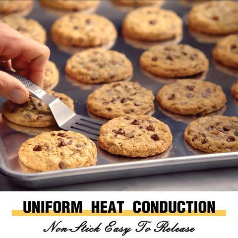 Pro Level Pure Aluminum Baking Sheet Pan Set No Coating Warp Resistant Half Sheet Pan Large Thick Cookie Sheet Tray with cookies