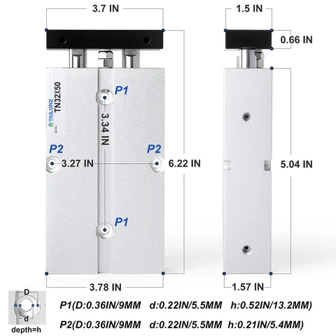 Dimensions of 32mm Bore 50mm Stroke Double Rod Double Acting Pneumatic Air Cylinder, TN32-50, in aluminum with 1/8 NPT port.
