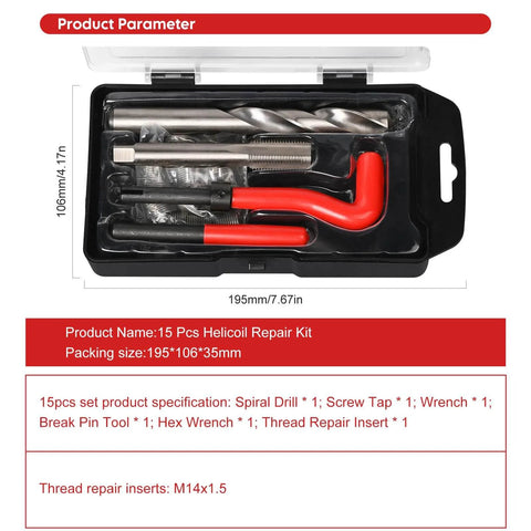 15 Pcs Thread Inserts M14x1.5 Female Thread Repair Kit With Spark Plug Helicoil Set in organizer box