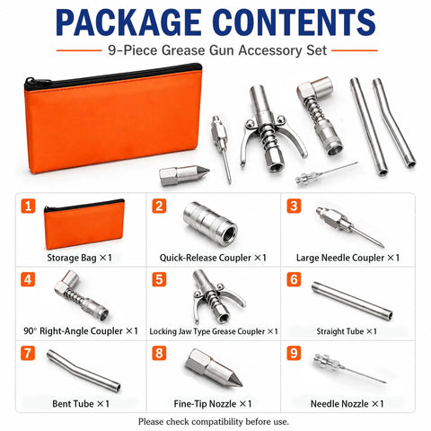 Universal 9 Piece Grease Gun Fittings And Tips Set displayed with orange pouch and various couplers and needles