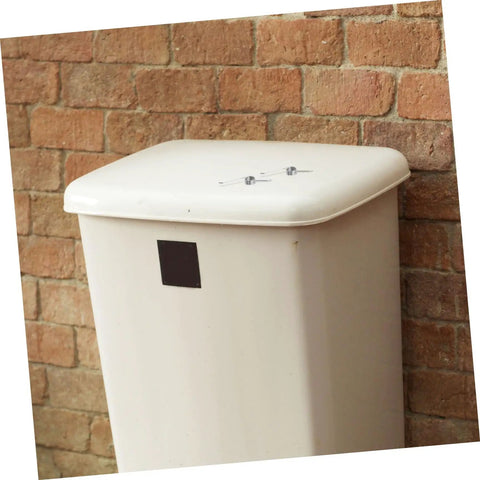 Grab A Sweet Set Of 20 Trash Can Spring Kits For Smooth Silent Lid Operation, Featuring Sturdy Stainless Steel Torsion Springs With Easy Install To Repair Home Office Garbage Bins And Save Cash On Replacements Today. white trash can lid with two stainless steel springs on a brick wall