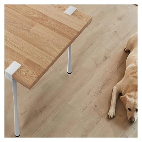 Adjustable Black Metal Table Legs 15 Inch Heavy Duty Clamp Design Quick Snap Install F Shape Iron Frame Set Of Four installed under wooden table.