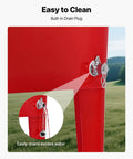 Close-up of a red 80 Quart Rolling Ice Chest with built-in drain plug, showing water drainage feature on the go party ready portable patio beverage cooler cart.