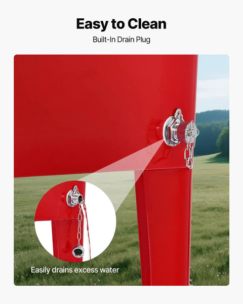 Close-up of a red 80 Quart Rolling Ice Chest with built-in drain plug, showing water drainage feature on the go party ready portable patio beverage cooler cart.