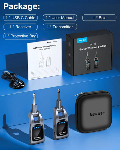 Package contents of 2.4GHz Wireless Guitar System With 6 Channels And Rechargeable Transmitter Receiver in gunmetal.