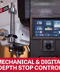 Beefy 20 Inch Smart Drill Press With Brushless Motor And Cast Iron Table For Pinpoint Accuracy and Rock Solid Stability showing mechanical and digital depth stop control.