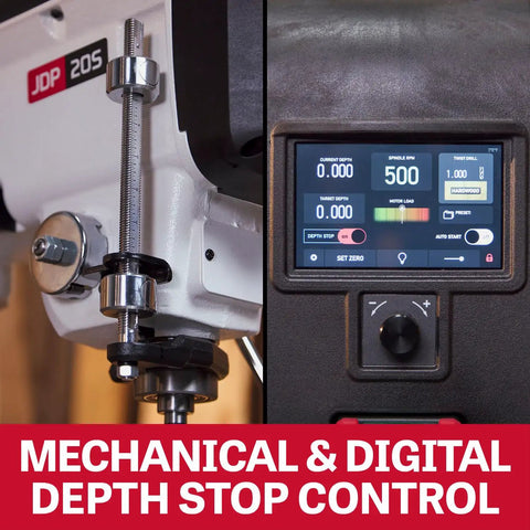 Beefy 20 Inch Smart Drill Press With Brushless Motor And Cast Iron Table For Pinpoint Accuracy and Rock Solid Stability showing mechanical and digital depth stop control.