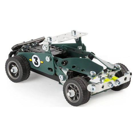 Assembled car from Roadster 5-In-1 Building Kit with 174 parts, pull-back racer, real metal components for STEM education.