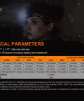 Person using HM60R Headlamp 1300 Lumen USB C Rechargeable Flood Light with red night vision, next to technical specifications sheet.