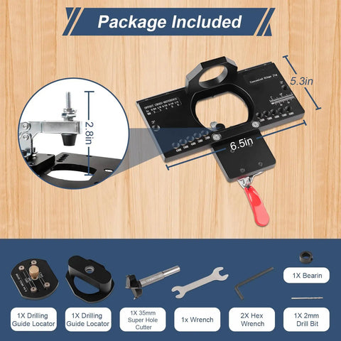 Concealed Cabinet Hinge Jig With Quick Clamp And Dust Vacuum Adapter, 35mm Door Hinge Locator For Woodworking And Cabinet Mounting, Rugged Aluminum Build For Clean And Precise Holes And Easy DIY Installations, includes measuring guide and accessories as shown in package contents.
